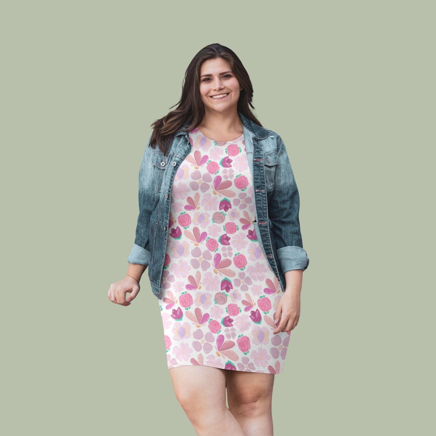 Floral Women's T-shirt Dress by RedBerry Cuddle, featuring a vibrant floral design. It is fade-proof and includes two attached pockets for both style and practicality.