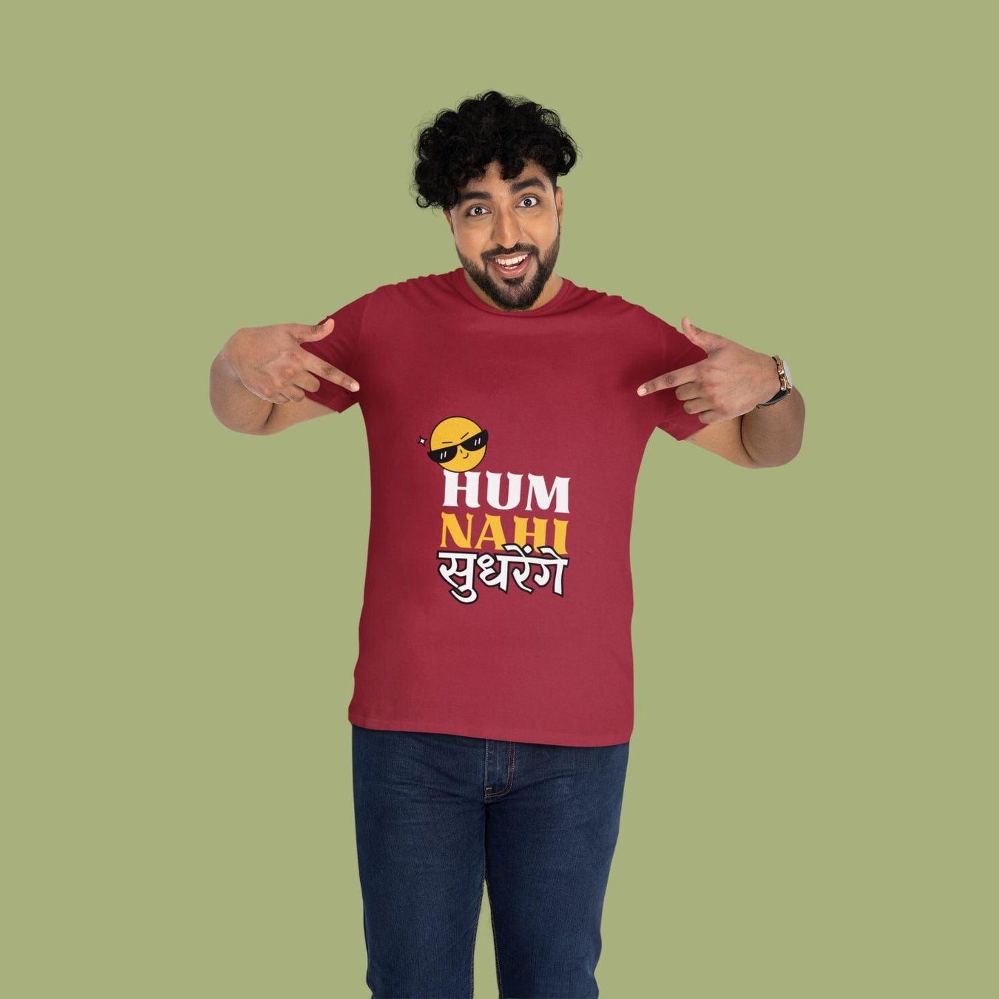 Hum Nahi Sudharenge Men's T-shirt by RedBerry Cuddle, made from 100% cotton. It features a bold and fun text design, delivering comfort with a playful attitude.