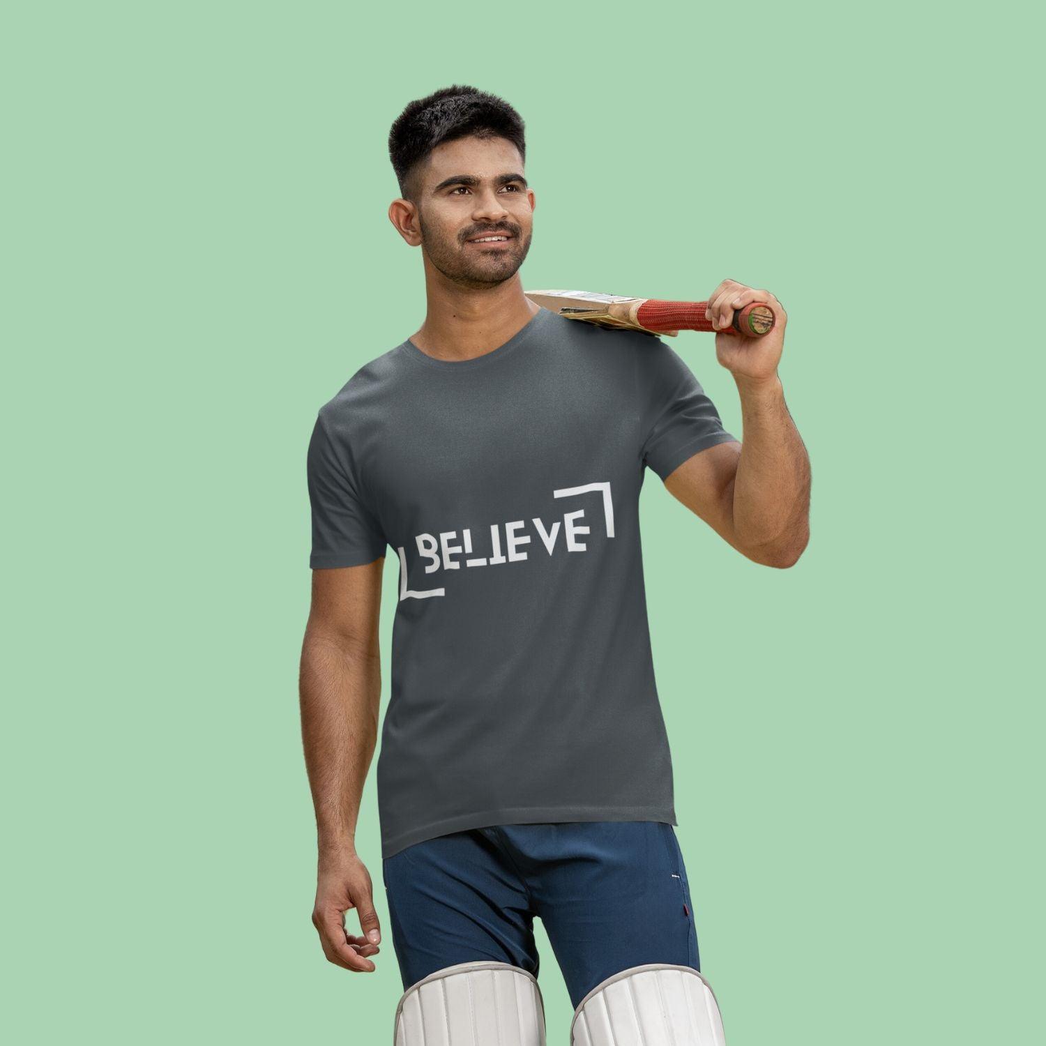 Believe Men's T-shirt by RedBerry Cuddle, made from 100% cotton. It features a simple yet inspiring 'Believe' slogan, combining comfort with motivation.