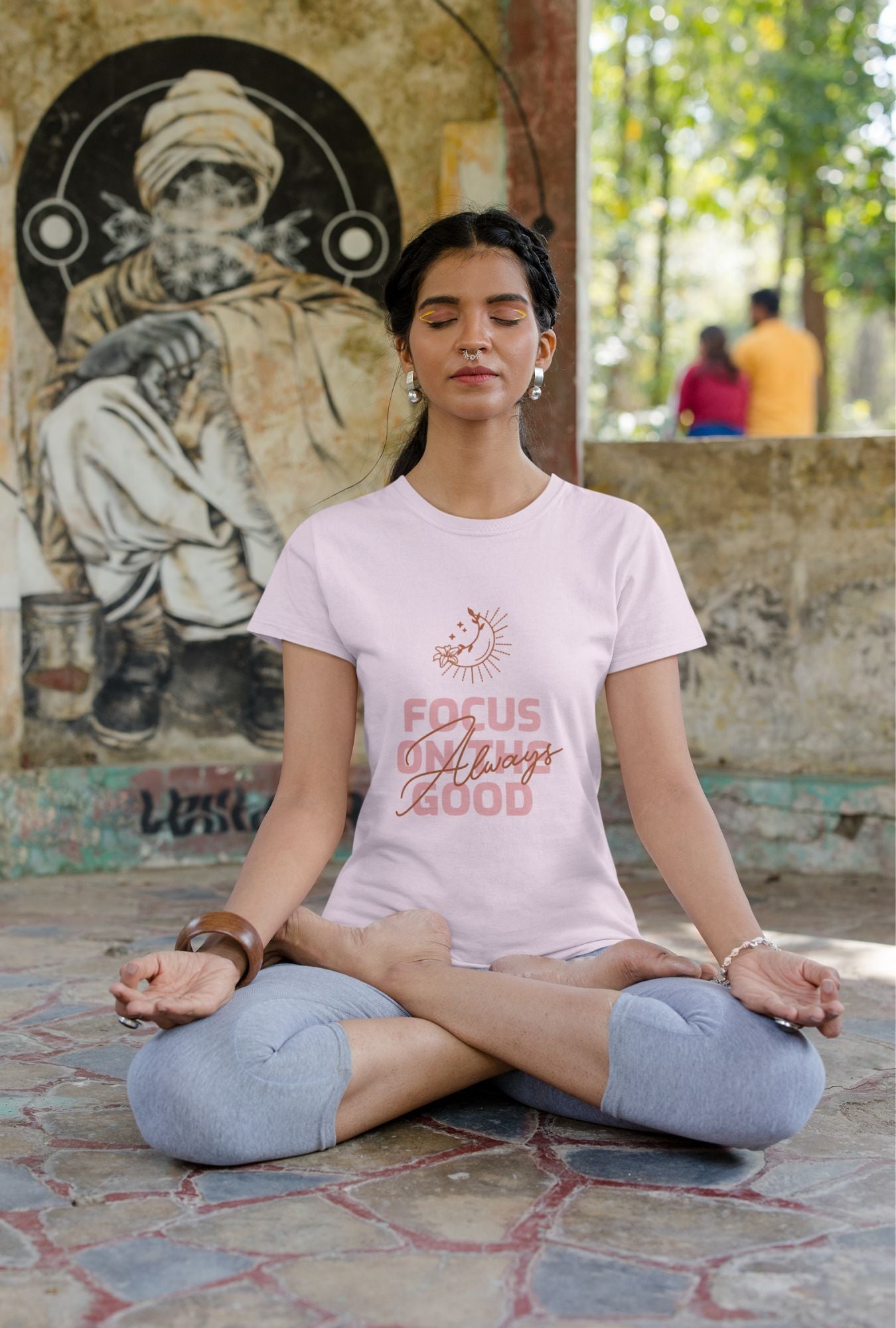 Always Focus on the Good Women's T-shirt by RedBerry Cuddle, made from 100% cotton. It features an uplifting slogan, offering both comfort and a positive message.