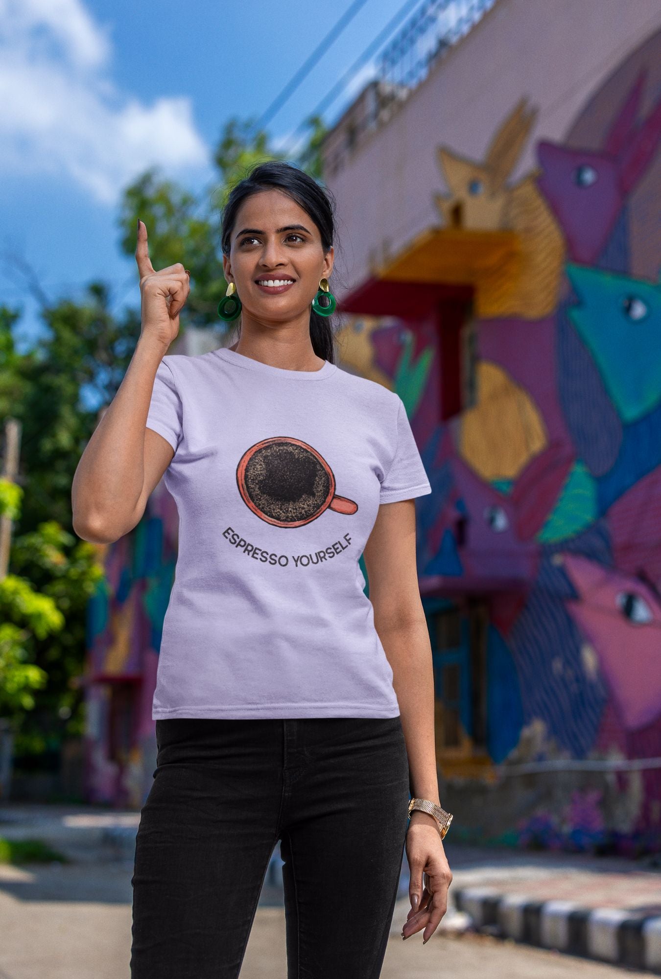 Espresso Yourself Women's T-shirt by RedBerry Cuddle, made from 100% cotton. It features a charming coffee-themed slogan, combining comfort with a playful expression.