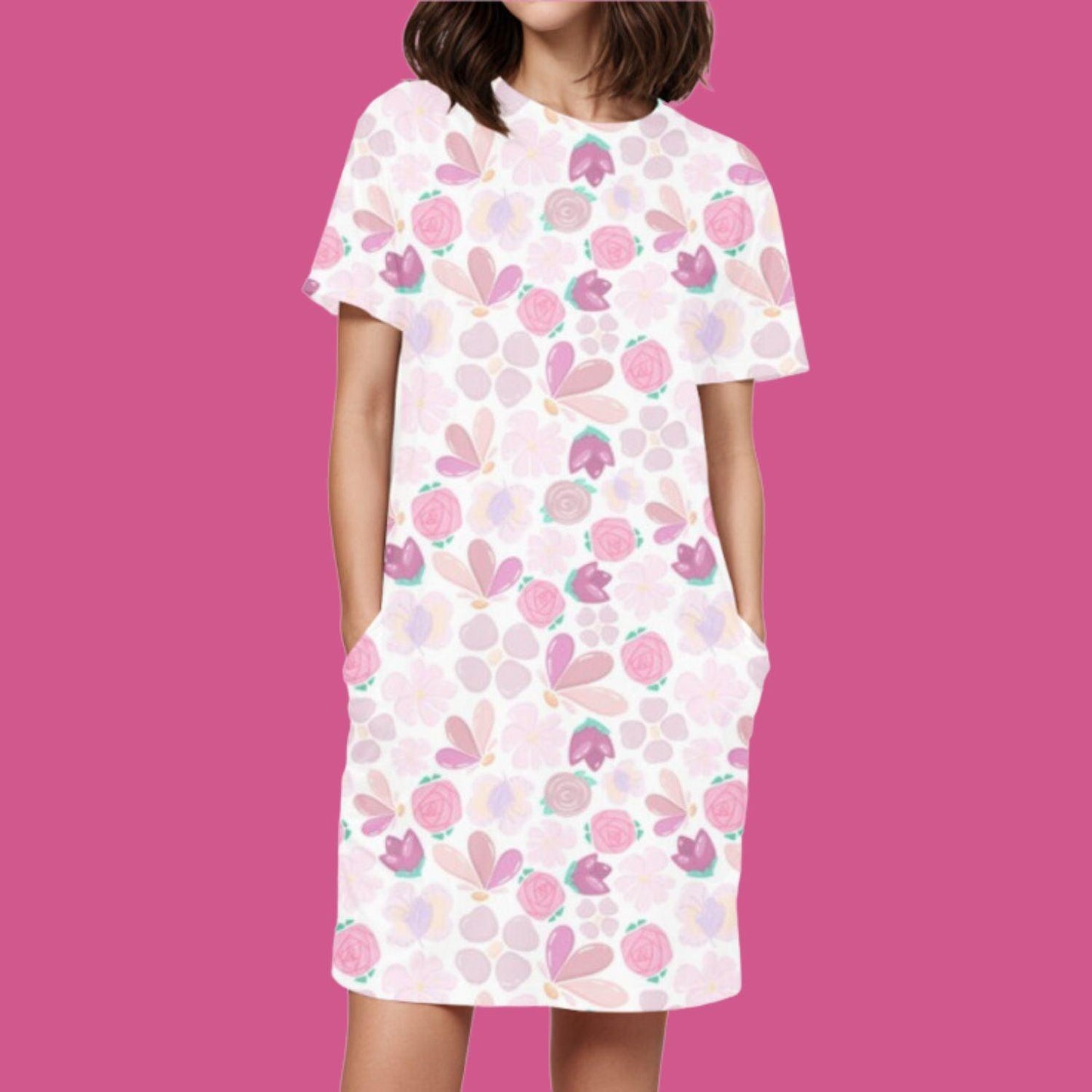 Floral Women's T-shirt Dress by RedBerry Cuddle, featuring a vibrant floral design. It is fade-proof and includes two attached pockets for both style and practicality.