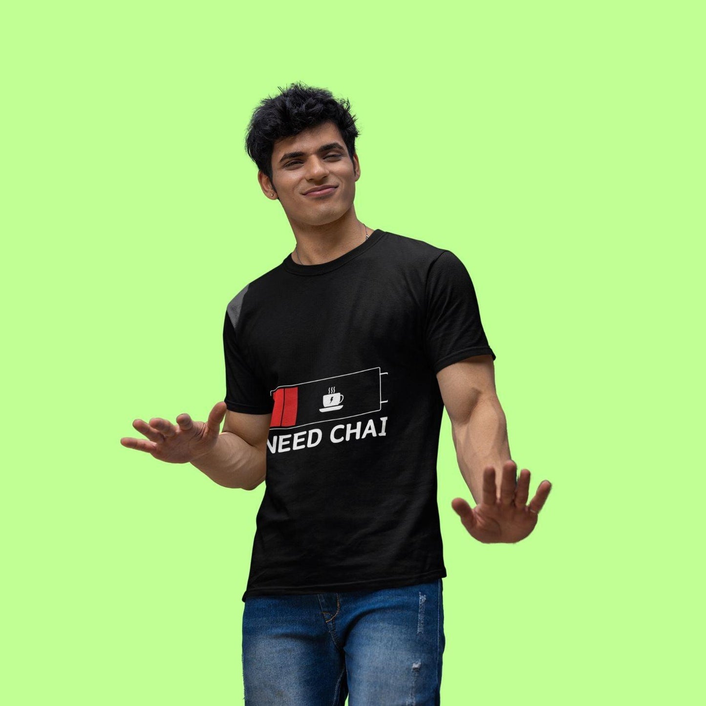 Need Chai Men's T-shirt by RedBerry Cuddle, made from 100% cotton. It features a quirky 'Need Chai' slogan, perfect for tea lovers seeking comfort and style.