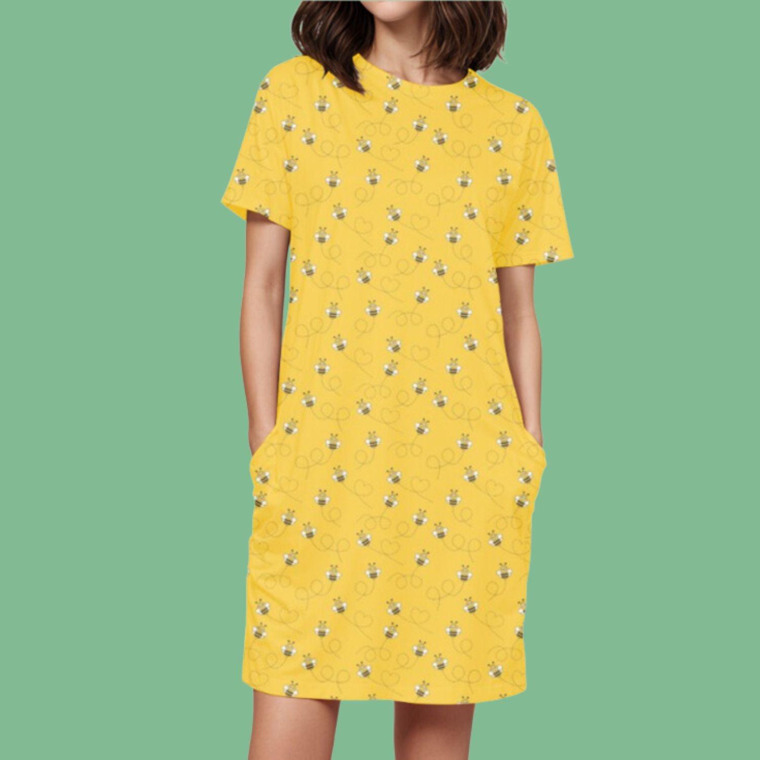 Honeybee Women's T-shirt Dress by RedBerry Cuddle, featuring a charming honeybee design. It is fade-proof and includes two attached pockets for added convenience and style.