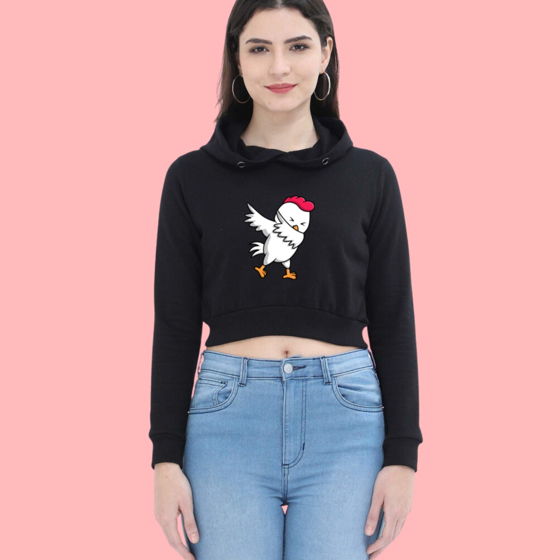 Yo Chicken Women's Crop Hoodie by RedBerry Cuddle, featuring a playful chicken-themed design. This hoodie offers a fun and trendy style, perfect for casual wear.