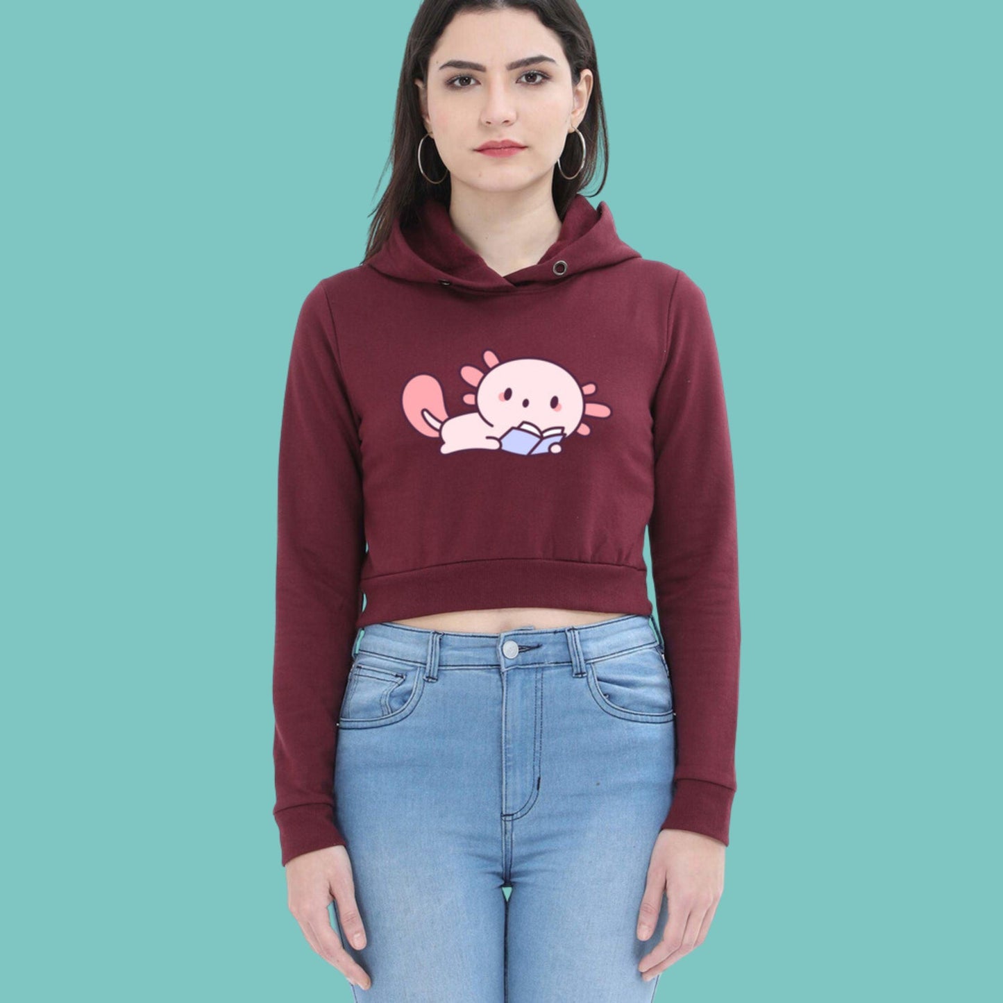 Cute Reader Women's Crop Hoodie by RedBerry Cuddle, featuring a whimsical 'Cute Reader' design. This cozy hoodie combines comfort and style, perfect for book lovers.