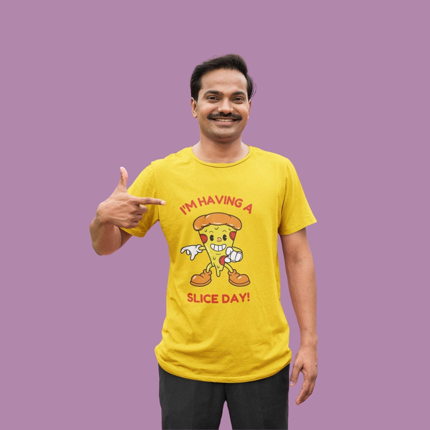 I'm Having a Slice Day Men's T-shirt by RedBerry Cuddle, made from 100% cotton. It features a fun pizza-themed slogan, offering comfort with a playful twist.