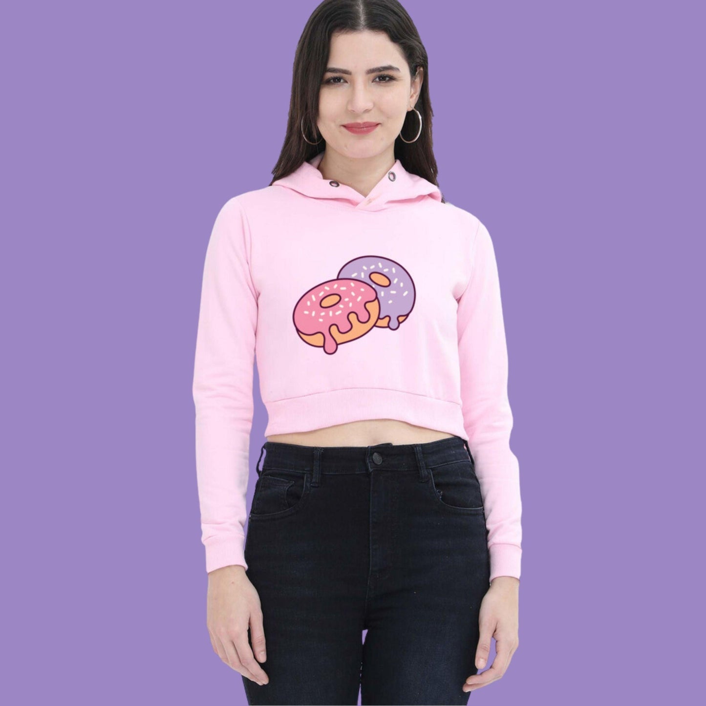 Donuts Women's Crop Hoodie by RedBerry Cuddle, featuring a fun donut-themed design. This stylish hoodie combines comfort and playful charm, perfect for casual wear.