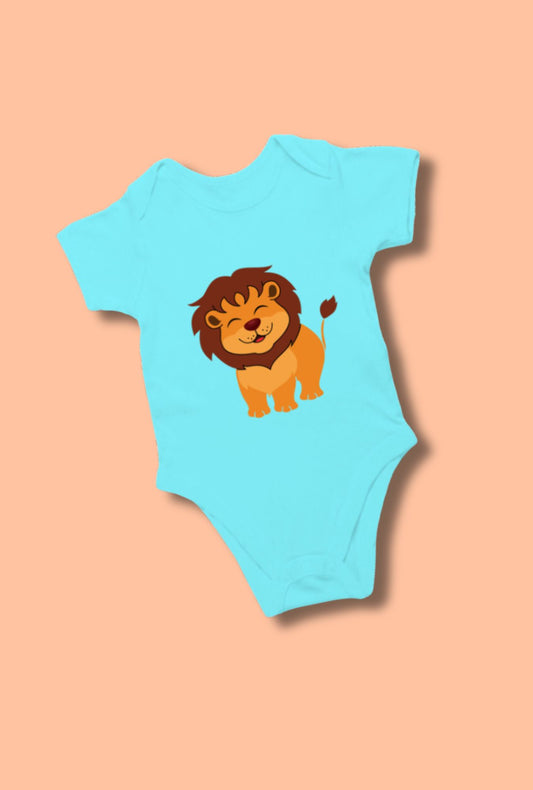 Sky Blue Romper Bodysuit - Lion design for babies by RedBerry Cuddle, made from 100% cotton. This romper features an adorable lion design, offering cozy comfort and playful style for infants