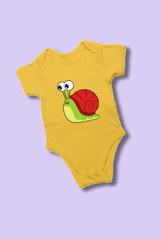 Yellow Romper Bodysuit - Snail design for babies by RedBerry Cuddle, made from 100% cotton. This romper features a cute snail design, providing soft comfort and cheerful style for infants.