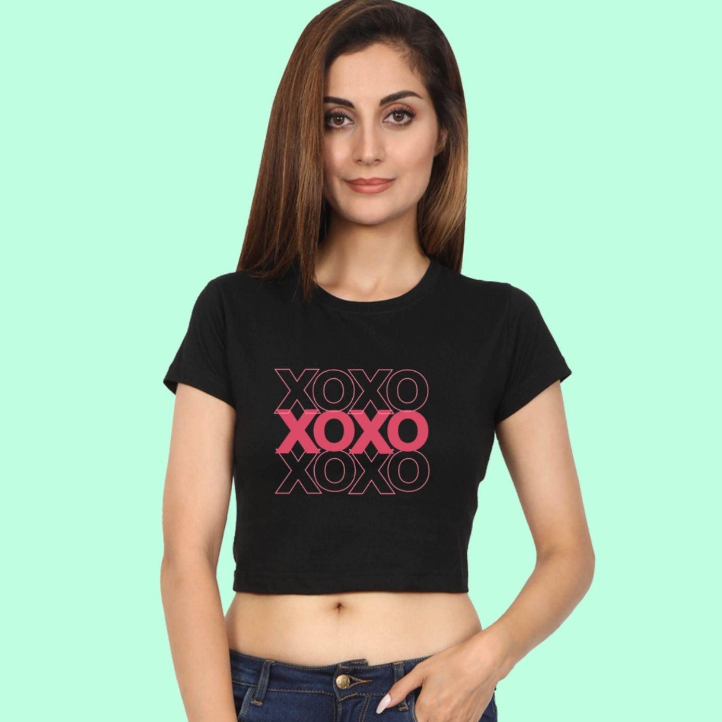 XOXO Women's Crop Top by RedBerry Cuddle, featuring a cute 'XOXO' design. It is fade-proof, offering a fun and stylish option for casual wear.