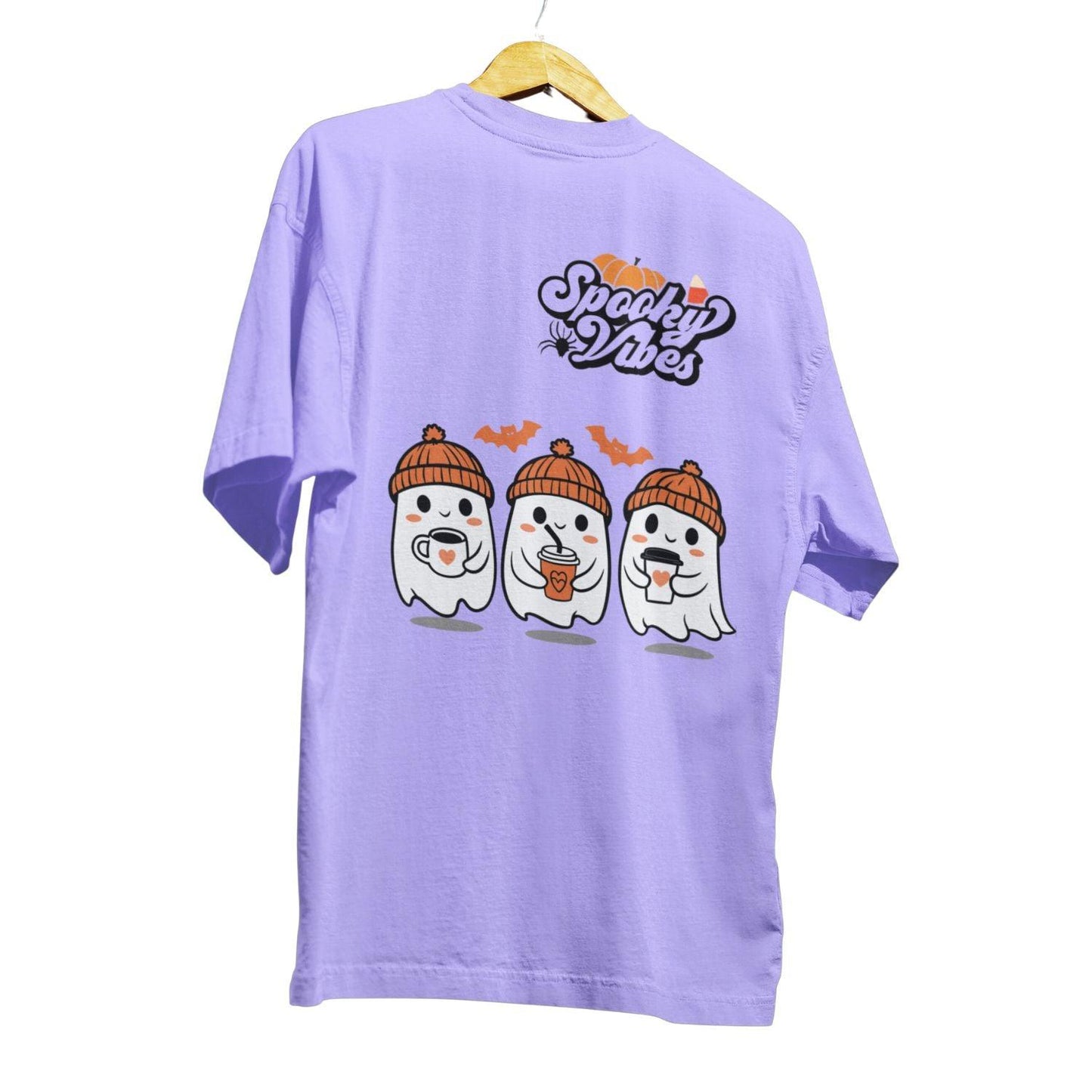 Halloween Spooky Vibes Women's Oversized T-shirt by RedBerry Cuddle, made from 100% cotton. This shirt features a fun 'Spooky Vibes' Halloween-themed design, offering a comfortable and relaxed fit for casual wear.