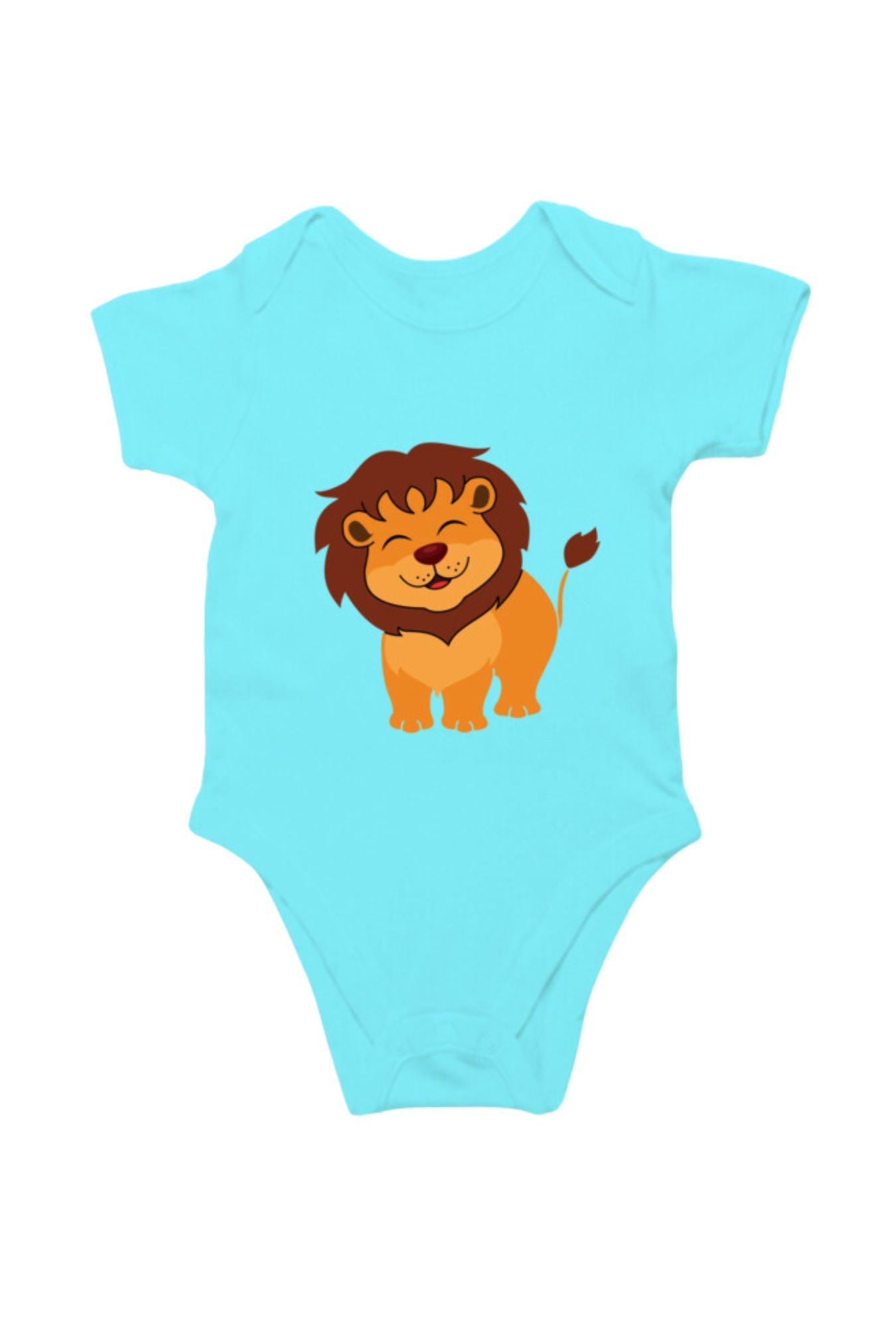 Sky Blue Romper Bodysuit - Lion design for babies by RedBerry Cuddle, made from 100% cotton. This romper features an adorable lion design, offering cozy comfort and playful style for infants