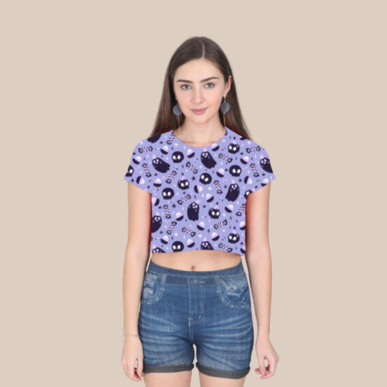 Halloween Boo Women's Crop Top by RedBerry Cuddle, featuring a spooky 'Boo' design. It is fade-proof, offering a fun and stylish option for the Halloween season