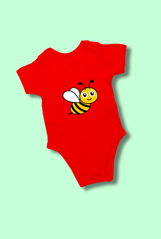 Red Romper Bodysuit - Honeybee design for babies by RedBerry Cuddle, made from 100% cotton. This romper features a cute honeybee design, providing soft comfort and vibrant style for infants.