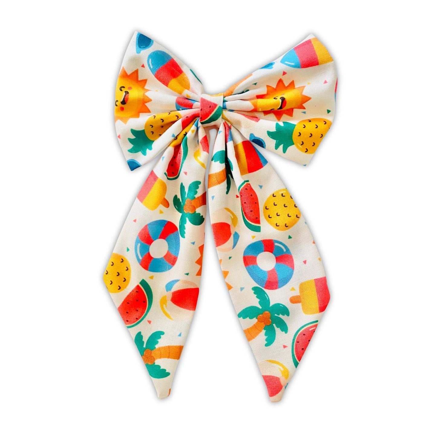 Sunny Beach Doodle Midi Tail Hair Bow by RedBerry Cuddle. A fun and vibrant hair accessory featuring a midi-length bow with a playful beach-themed doodle design, crafted from high-quality fabric for a secure and stylish look.