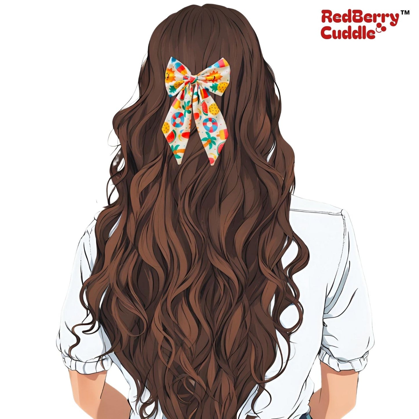 Sunny Beach Doodle Midi Tail Hair Bow by RedBerry Cuddle. A fun and vibrant hair accessory featuring a midi-length bow with a playful beach-themed doodle design, crafted from high-quality fabric for a secure and stylish look.