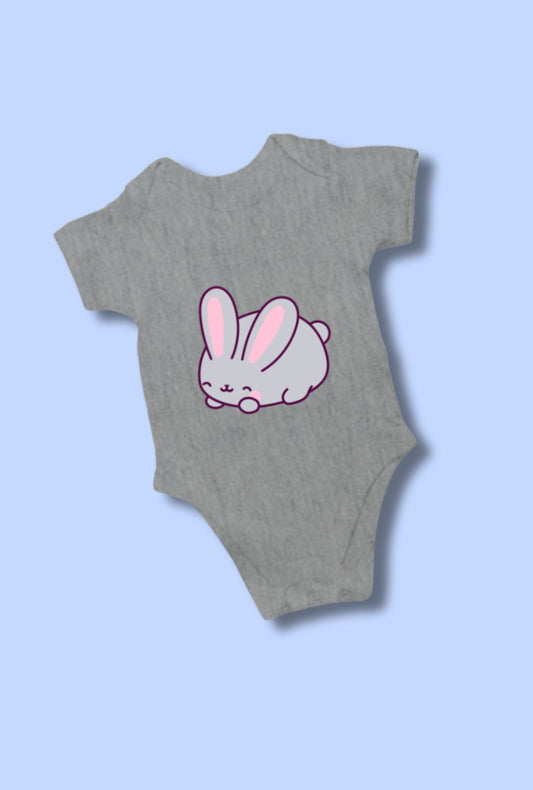 Grey Romper Bodysuit - Bunny design for babies by RedBerry Cuddle, made from 100% cotton. This romper features an adorable bunny design, offering soft comfort and gentle style for infants.