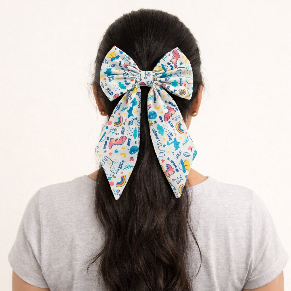 Magic Doodle Midi Tail Hair Bow by RedBerry Cuddle. A playful and stylish hair accessory featuring a midi-length bow with a whimsical doodle-inspired design, crafted from soft, high-quality fabric for a secure and charming look.