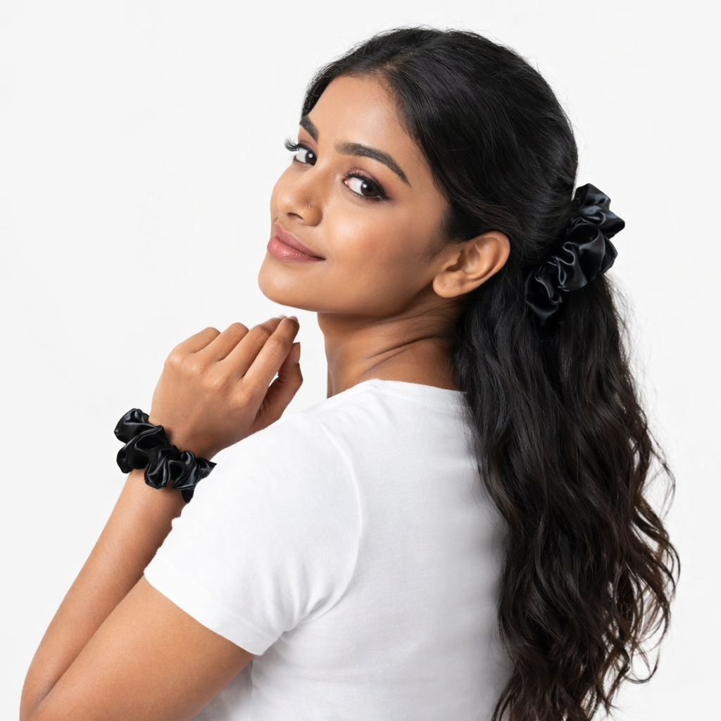 RedBerry Cuddle black satin scrunchie small size for neat hairstyles