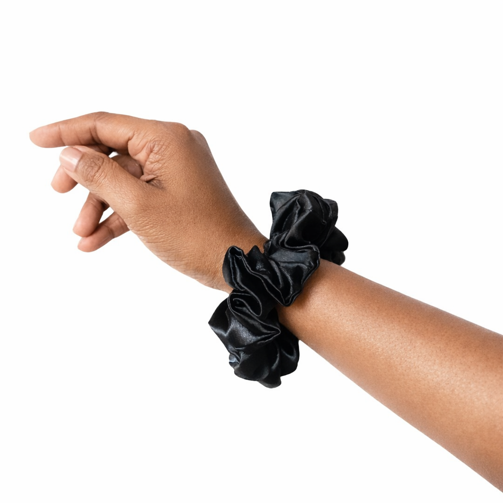 Black satin hair scrunchie for everyday wear by RedBerry Cuddle
