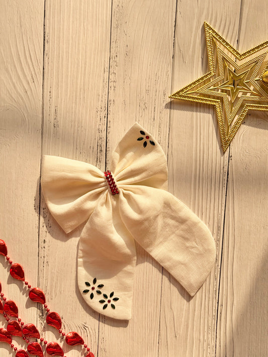 Christmas Snowman Midi Tail Hair Bow (White)