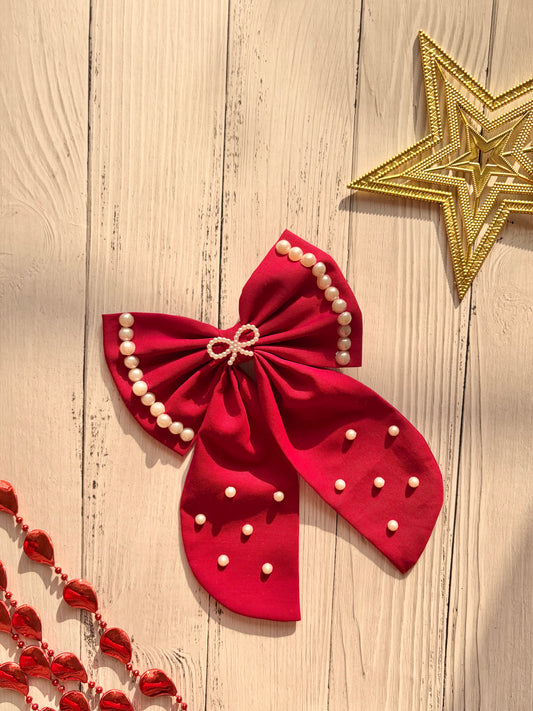 Christmas Santa Midi Tail Hair Bow (Red)