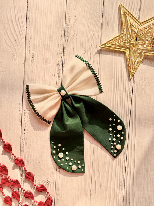 Christmas Elf Midi Tail Hair Bow (Green and White)