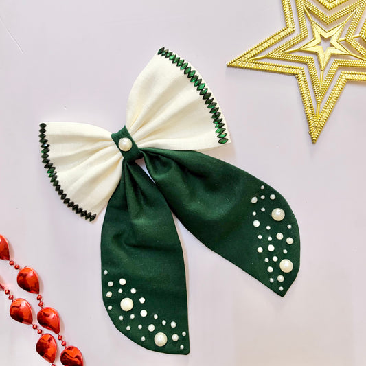 Christmas Elf Midi Tail Hair Bow (Green and White)