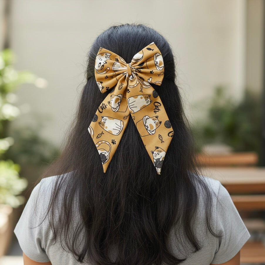 Cat Midi Tail Hair Bow by RedBerry Cuddle. A stylish and elegant hair accessory featuring a midi-length bow with a cat-ear-inspired design, crafted from soft, high-quality fabric for a secure and fashionable look.