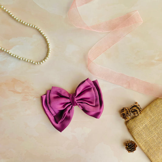 Mulberry Purple Triple Layer Hair Bow by RedBerry Cuddle. A luxurious and elegant hair accessory featuring a triple-layered bow design in a deep mulberry purple hue, crafted from high-quality fabric for a secure and stylish look.