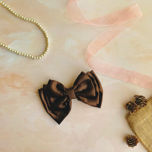 Espresso Brown Triple Layer Hair Bow by RedBerry Cuddle. A rich and sophisticated hair accessory featuring a triple-layered bow design in a deep espresso brown shade, crafted from high-quality fabric for a secure and polished look.