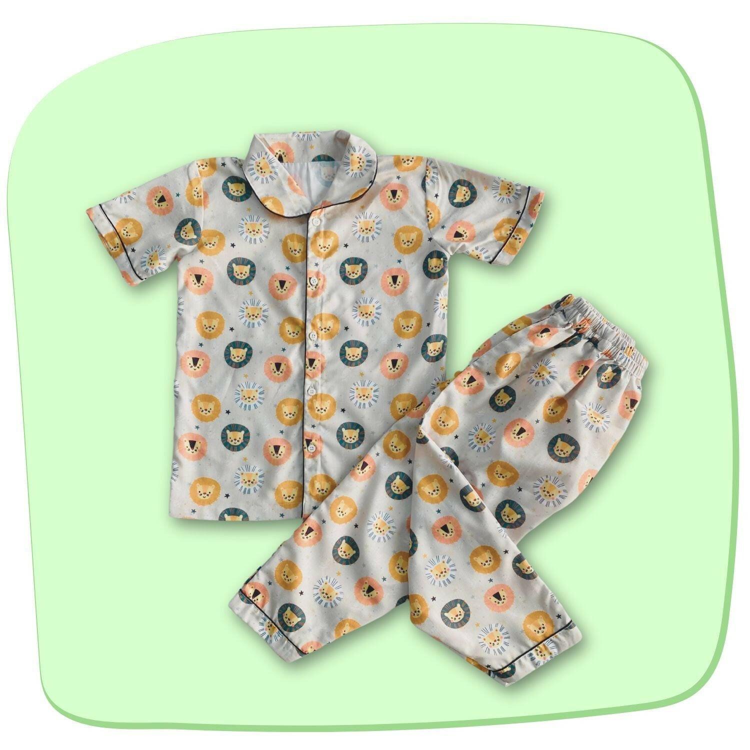 Lion Pajama Set by RedBerry Cuddle, made from 100% cotton. A playful and soft unisex pajama set for kids, featuring a charming lion design, perfect for comfortable sleep and cozy nights.