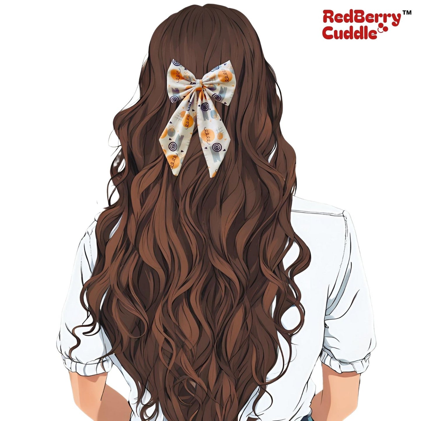 Doodle Midi Tail Hair Bow by RedBerry Cuddle. A fun and artistic hair accessory featuring a midi-length bow with a playful doodle-inspired design, crafted from high-quality fabric for a secure and stylish look.