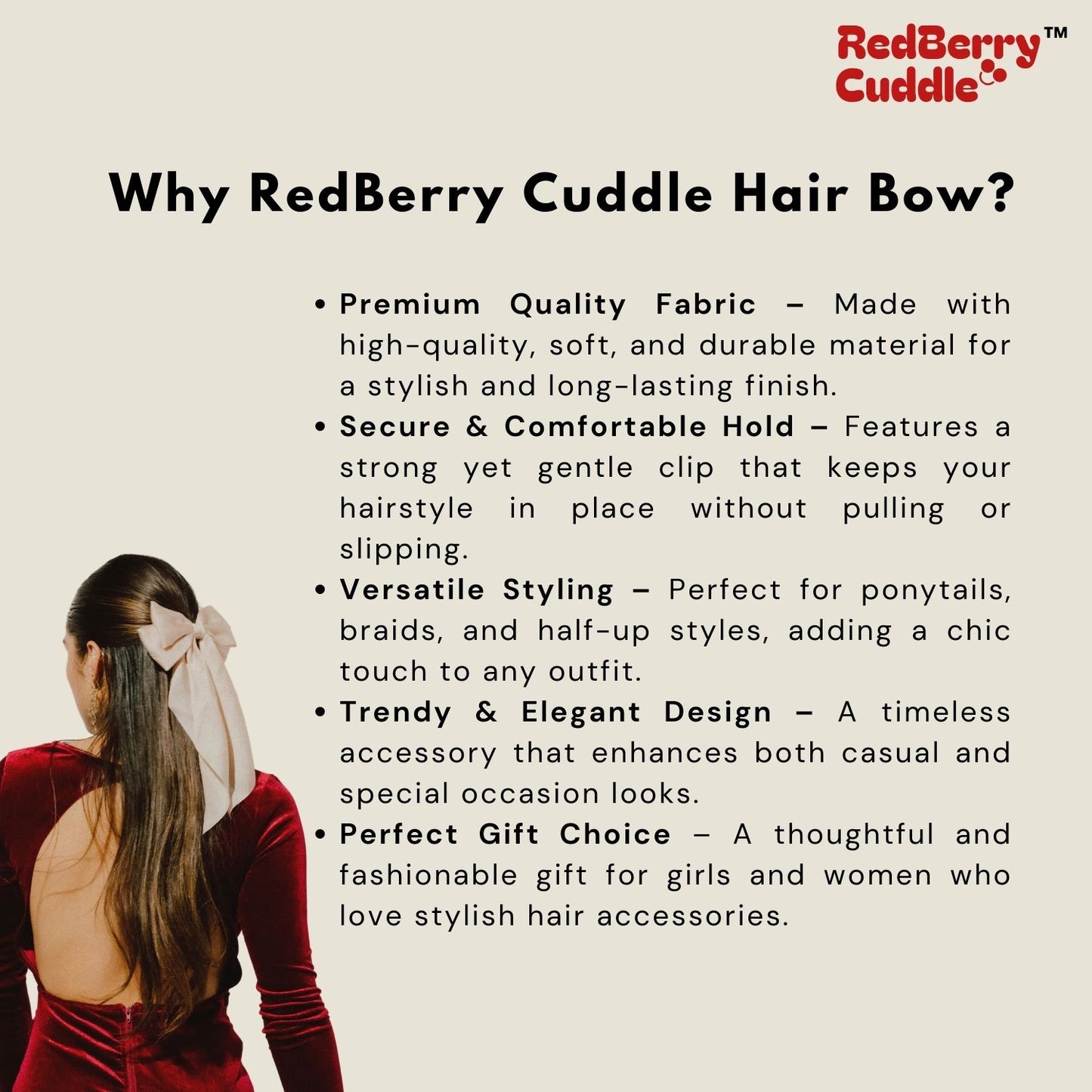 Cat Midi Tail Hair Bow by RedBerry Cuddle. A stylish and elegant hair accessory featuring a midi-length bow with a cat-ear-inspired design, crafted from soft, high-quality fabric for a secure and fashionable look.