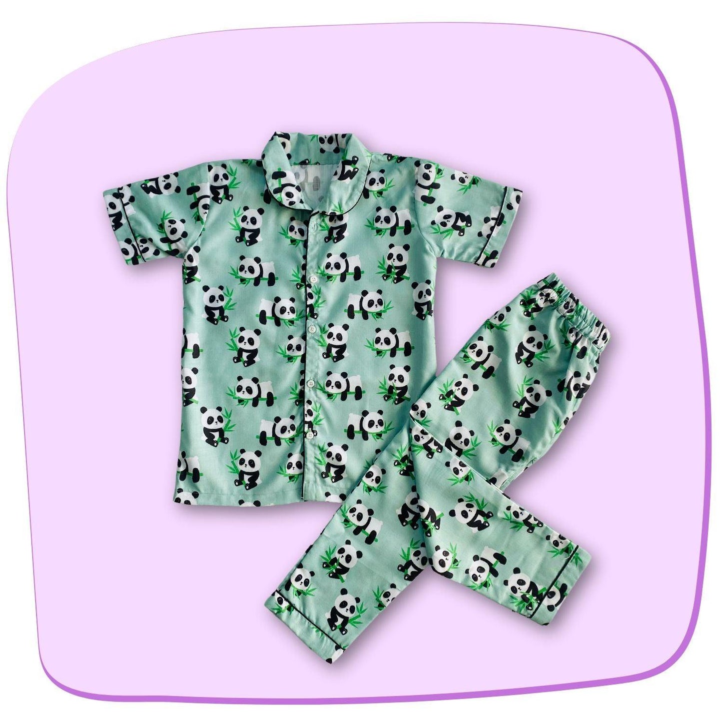 Panda Pajama Set by RedBerry Cuddle, a unisex night suit for kids made from 100% cotton. The set features adorable panda prints, providing a cozy and fun option for bedtime.