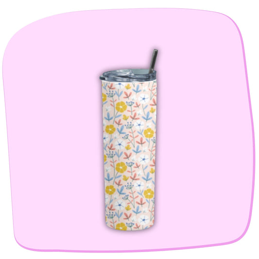 Flower Tumbler Bottle by RedBerry Cuddle, a 20 oz stainless steel tumbler with a metal straw. It features a floral design, double wall insulation, and a splash-proof lid, ideal for keeping beverages hot or cold on the go.