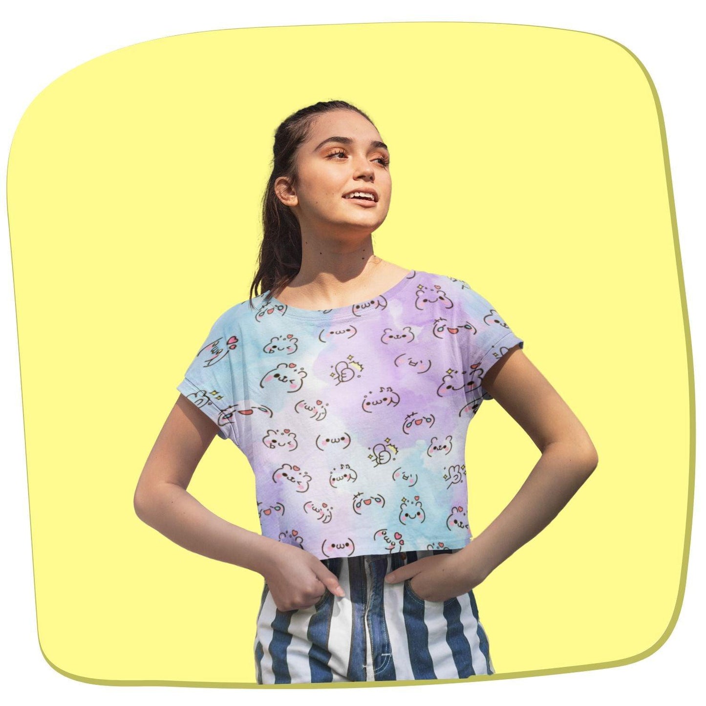 Cute Teddy Doodle Women's Crop Top by RedBerry Cuddle, featuring an adorable teddy bear doodle design. It is fade-proof, offering a playful and stylish look.