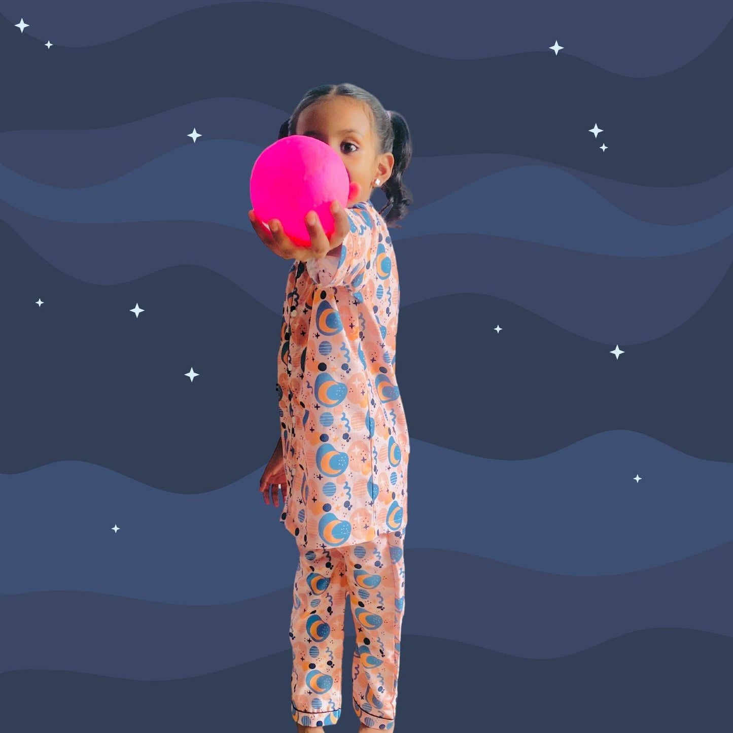 Moon Doodle Pajama Set by RedBerry Cuddle, made from 100% cotton. A soft and cozy unisex pajama set for kids, featuring playful moon doodle designs, perfect for a comfortable and restful night's sleep.